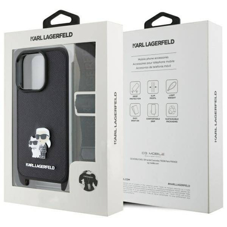 Original Handyhülle IPHONE 16 PRO Karl Lagerfeld Hardcase Saffiano Karl&Choupette Metal Pin CBDY Strap (KLHCP16LSAKCPBK) schwarz