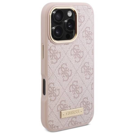 Original Handyhülle IPHONE 16 PRO Guess Hardcase 4G Logo Plate MagSafe (GUHMP16LU4GPRP) rosa
