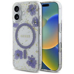 Original Handyhülle IPHONE 16 Guess Hardcase Resin Flowers Glitter MagSafe violett