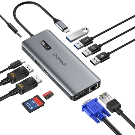 Choetech multifunktionaler HUB mit Display 12in1 USB-C auf USB-C / USB-A / HDMI / VGA / AUX / SD / TF grau (HUB-M26)