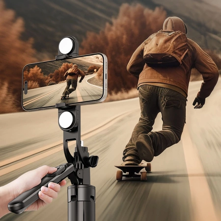 Selfie stick WH181D-Y1S 1.75m aluminum alloy telescopic tripod with dual lamp and phone holder - black