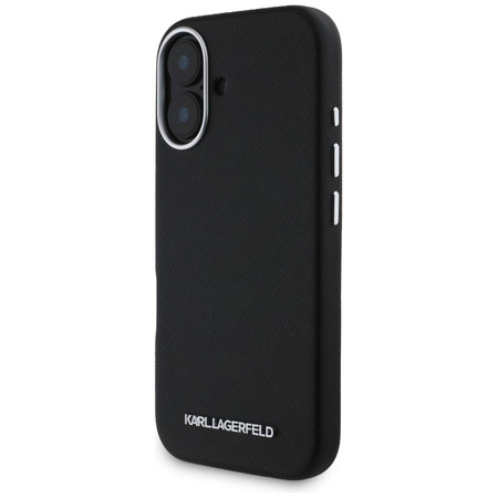 Original Handyhülle IPHONE 16 Karl Lagerfeld Saffiano Full Wrapped Elongated Metal Logo MagSafe schwarz