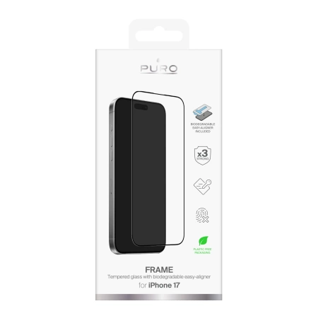 Puro Frame Panzerglas für iPhone 17 mit Applikator und schwarzem Rahmen