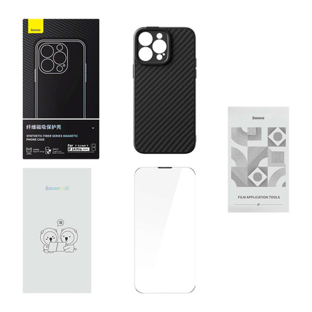 Gepanzerte Hülle für iPhone 14 Pro kompatibel mit MagSafe Baseus Kunstfaser-Hartglas – Schwarz