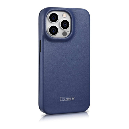 iCarer CE Premium Leather Folio Case skórzane etui iPhone 14 Pro Max z klapką magnetyczne MagSafe niebieski (WMI14220716-BU)