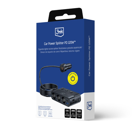 3mk Car Power Splitter 120W PD QC PPS USB 3A1C3Socket Black