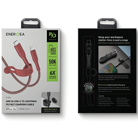 ENERGEA kabel Flow USB-C - LightningC94 MFI 1.5m czerwony/red 60W 3A PD Fast Charge