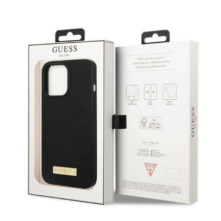 Original Handyhülle IPHONE 13 PRO MAX Guess Hard Case Silicone Logo Plate MagSafe (GUHMP13XSPLK) schwarz