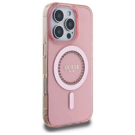 Original Handyhülle IPHONE 16 PRO Guess Hardcase IML Rhinestones MagSafe (GUHMP16LPFTDTEP) rosa