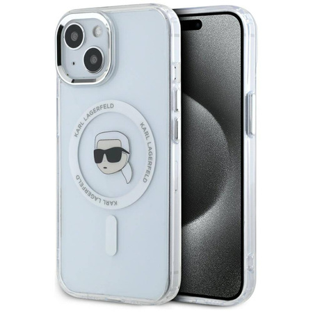 Original Case IPHONE 15 PLUS Karl Lagerfeld Hardcase IML Metal Karl Head MagSafe white