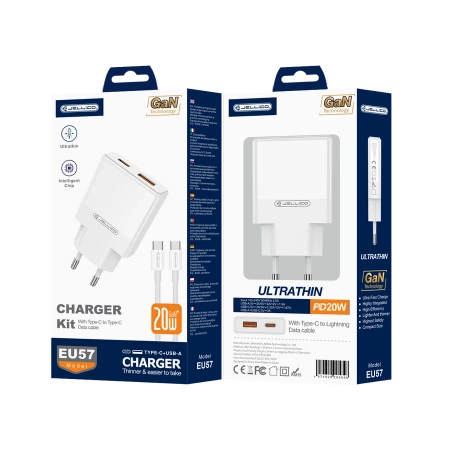 JELLICO ładowarka sieciowa EU57 PD 20W 1xUSB-C + 1xUSB QC3.0 + kabel USB-C - USB-C Biały