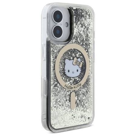 Original Handyhülle IPHONE 16 Hello Kitty Hardcase Liquid Glitter Fever MagSafe (HKHMP16SLGDIK) Schwarz und Golden