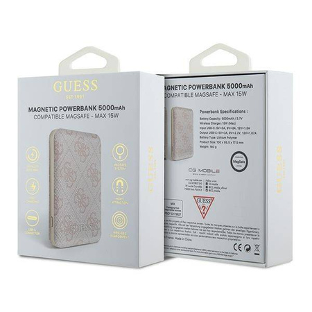 Guess Induction Powerbank 15W GUPB5FP4EMGP 5000mAh pink/pink 4G Leather Metal Logo MagSafe