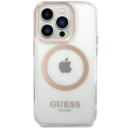 Original Case IPHONE 15 PRO MAX Guess Hard Case Metal Outline Magsafe gold