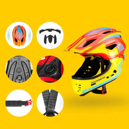 Rockbros TT-32SOYB-S Kinderfahrradhelm mit abnehmbarem Kinnbügel, Größe S – gelb-orange