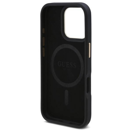 Original Handyhülle IPHONE 16 PRO Guess Hardcase 4G Logo Plate MagSafe (GUHMP16LU4GPRK) schwarz