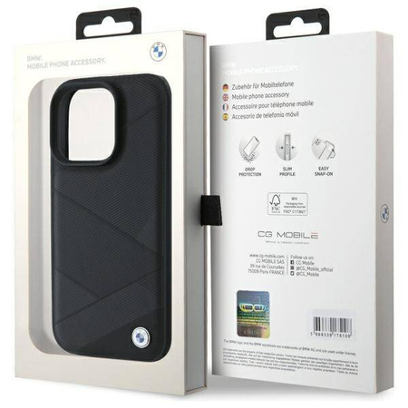 Original Handyhülle IPHONE 16 PRO MAX BMW Hardcase Signature Leather Crossing Lines Pattern (BMHCP16X23RCGPK) schwarz