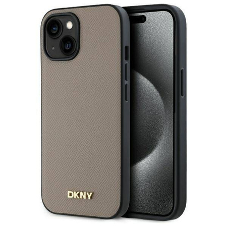 Etui DKNY Grained Metal Logo MagSafe na iPhone 15 - beżowe