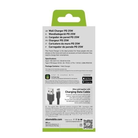 SBS TETR1CPD25 25W USB-C Wall Charger with Power Delivery - Black