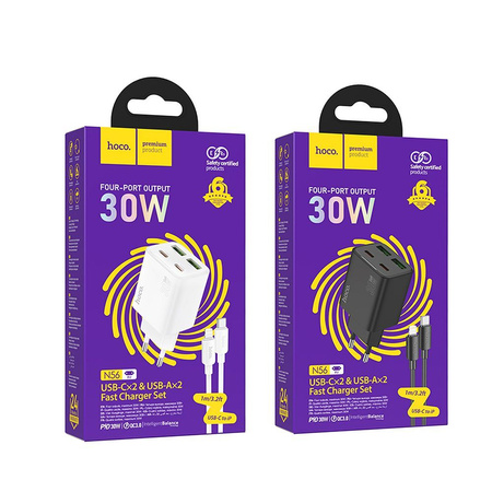 Ładowarka sieciowa do telefonu Hoco 2 x USB C + 2 x USB A QC3.0 PD 3A 30W + kabel USB C do Lightning N56 biała
