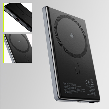 Allity power bank bezprzewodowy APB-300 PD QC 20W 5000 mAh szary magnetyczny