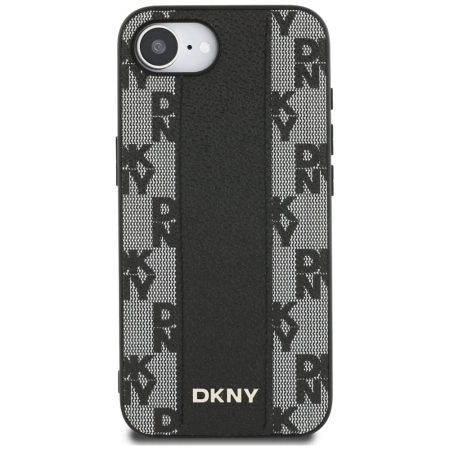 DKNY Leder Kariertes Monomuster MagSafe iPhone 16e Hülle - Schwarz