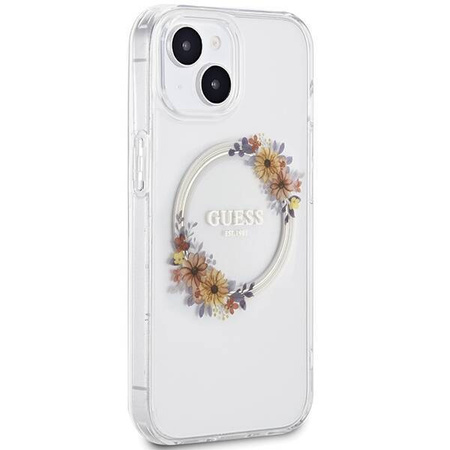Oryginalne Etui GUESS Hardcase GUHMP15SHFWFCT do iPhone 15 (Kompatybilny z Magsafe / Flowers Wreath / transparent)