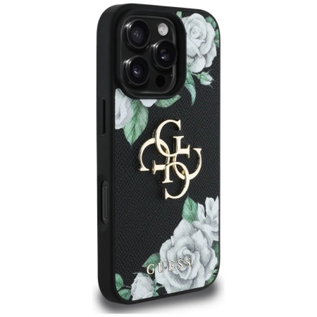 Guess Grained Roses Big 4G Logo Hülle für iPhone 16 Pro Max - Schwarz