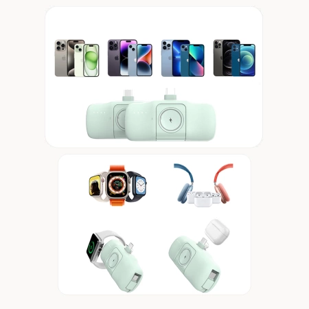 Wozinsky WF16-YLS 5000 mAh 15 W Lightning Mini-Powerbank mit integriertem USB-C-Kabel und Apple Watch Ladegerät – Grün