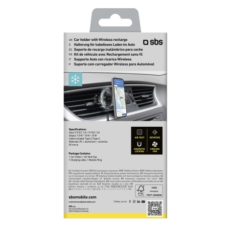 Smartphone-Halterung mit induktivem Ladegerät SBS TESUPFANWIR15W 15W für Lüftungsschlitze, mit Kühlung – Schwarz