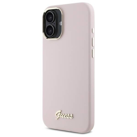 Original Handyhülle IPHONE 16 PLUS Guess Hardcase Silicone Script Metal Logo & Frame (GUHCP16MSMBSLP) rosa
