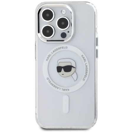 Original Case IPHONE 15 PRO Karl Lagerfeld Hardcase IML Metal Karl Head MagSafe white