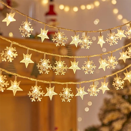 Lampki choinkowe LED snowflake/star - 3m/20 lampek ciepłe białe/warm white zasilane bat. 3xAA EHD-LS04
