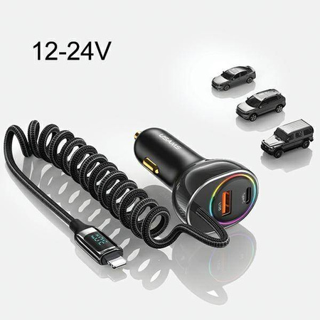 Ładowarka Samochodowa USAMS C37 1xUSB+1xUSB-C 60W + kabel Ligtning 30W PD+QC Fast Charge czarny/black CC193CC01 (US-CC193)