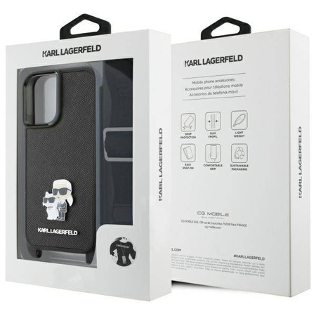 Original Handyhülle IPHONE 16 Karl Lagerfeld Hardcase Saffiano Karl&Choupette Metal Pin CBDY Strap (KLHCP16SSAKCPBK) schwarz