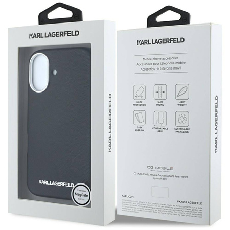 Original Handyhülle IPHONE 16 Karl Lagerfeld Saffiano Full Wrapped Elongated Metal Logo MagSafe schwarz
