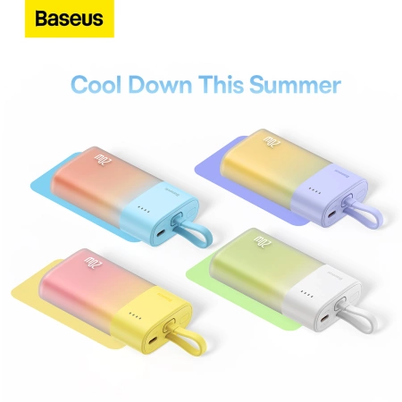 Baseus Popsicle 5200mAh 20W Powerbank with Built-in Lightning Cable (+ White Baseus Simple USB-C - USB-C 60W/20V/3A/30cm Cable) - Yellow-Pink