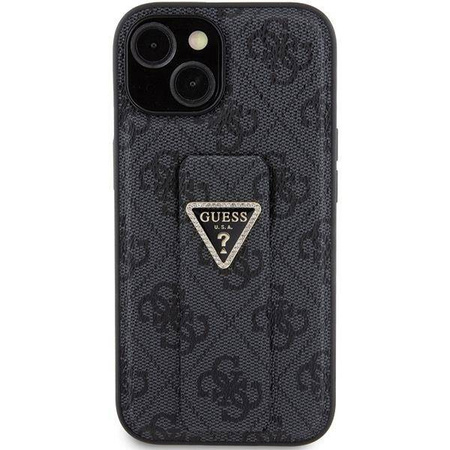 Guess Grip Stand 4G Triangle Strass Hülle für iPhone 15 – Schwarz