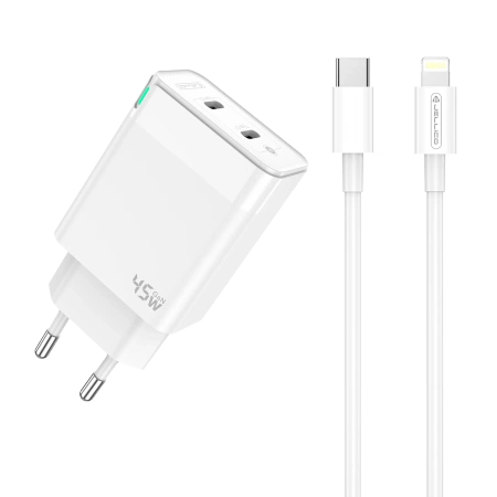 JELLICO Netz-Ladegerät C106 GaN PD 45W 2xUSB-C + Kabel USB-C - Lightning weiss