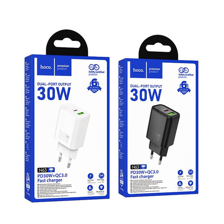 HOCO ładowarka sieciowa USB A + Typ C PD QC3.0 3A 30W N63 czarna