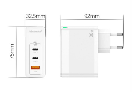 Ładowarka Sieciowa GaN 100W 1x QC3.0 USB + 2x PD USB-C Jellico C118 biała