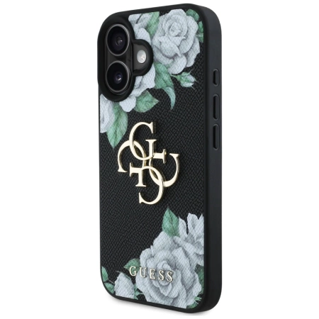 Guess Grained Roses Big 4G Logo Hülle für iPhone 16 - Schwarz