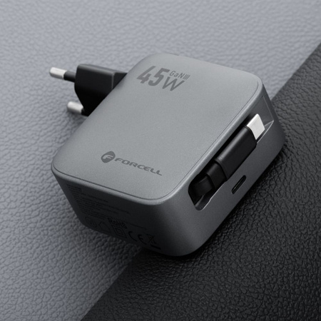 Ładowarka sieciowa do telefonu Forcell F-Energy GaN USB C + zwijany kabel USB C PD QC4.0 3A 45W VT-R5 szara