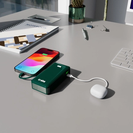 Powerbank SBS 10000 mAh 20W with built-in USB-C cable and digital display - green