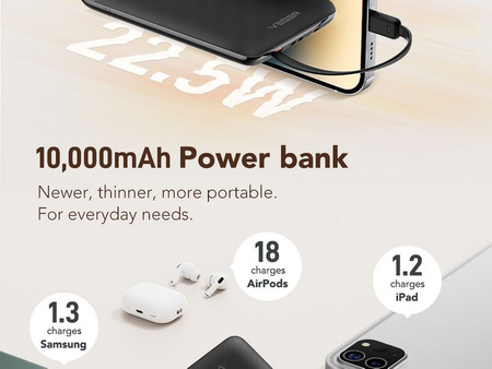 Bateria zewnętrzna (Powerbank) VEGER C11 BEST - 10 000mAh LCD z kablem Typ C + Apple Lightning 8-pin QC3.0 PD 22,5W (W1170)