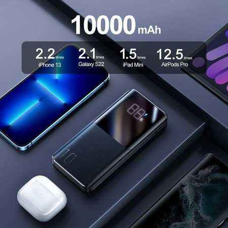 Power Bank 10000mAh 22,5W 2xUSB QC3.0 + USB-C PD3.0 + Micro USB Wyświetlacz LED Bateria Zewnętrzna Fast Charge JOYROOM JR-QP191 czarny
