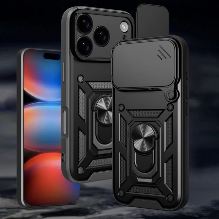 Etui Hybrid Armor Camshield na iPhone 17 Pro pancerne z podstawką i osłoną aparatu - czarne