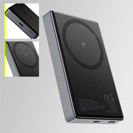 Allity power bank bezprzewodowy APB-300 PD QC 20W 10000 mAh szary magnetyczny