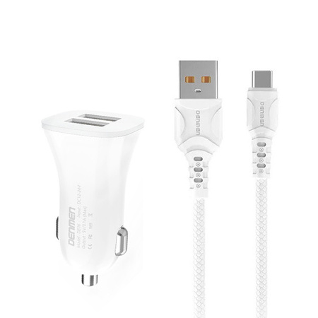 ŁADOWARKA SAMOCHODOWA 3A  + KABEL TYP-C BIAŁA DENMEN 3100mA DUAL FAST CHARGING 2XUSB DZ06T 15W