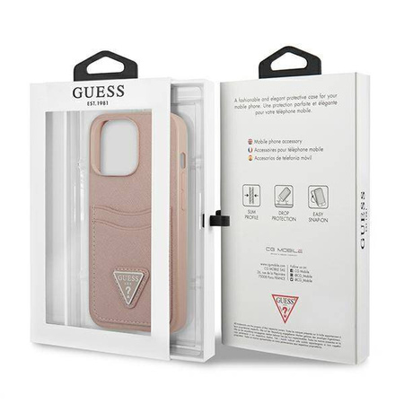 Etui IPHONE 13 PRO Guess Hardcase Saffianotriangle Logo Cardslot (GUHCP13LPSATPP) różowe